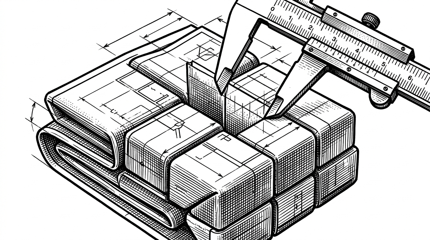 A close-up of a blueprint being folded into a handful of measured blocks, with calipers and ruler marks framing the shapes. The image explains why Boneyard's compact bone format matters: fewer fields make the skeleton portable without losing layout fidelity.