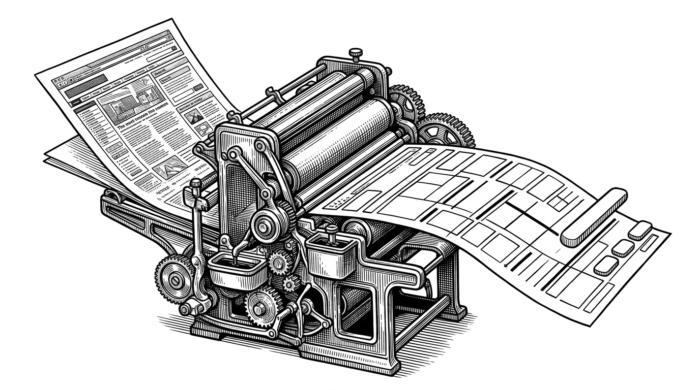 A printing press converts a finished web interface into a stripped-down scaffold of rectangles and lines. The image explains Boneyard's core idea: skeleton screens are not hand-drawn decorations, they are compiled artifacts derived from the real UI.