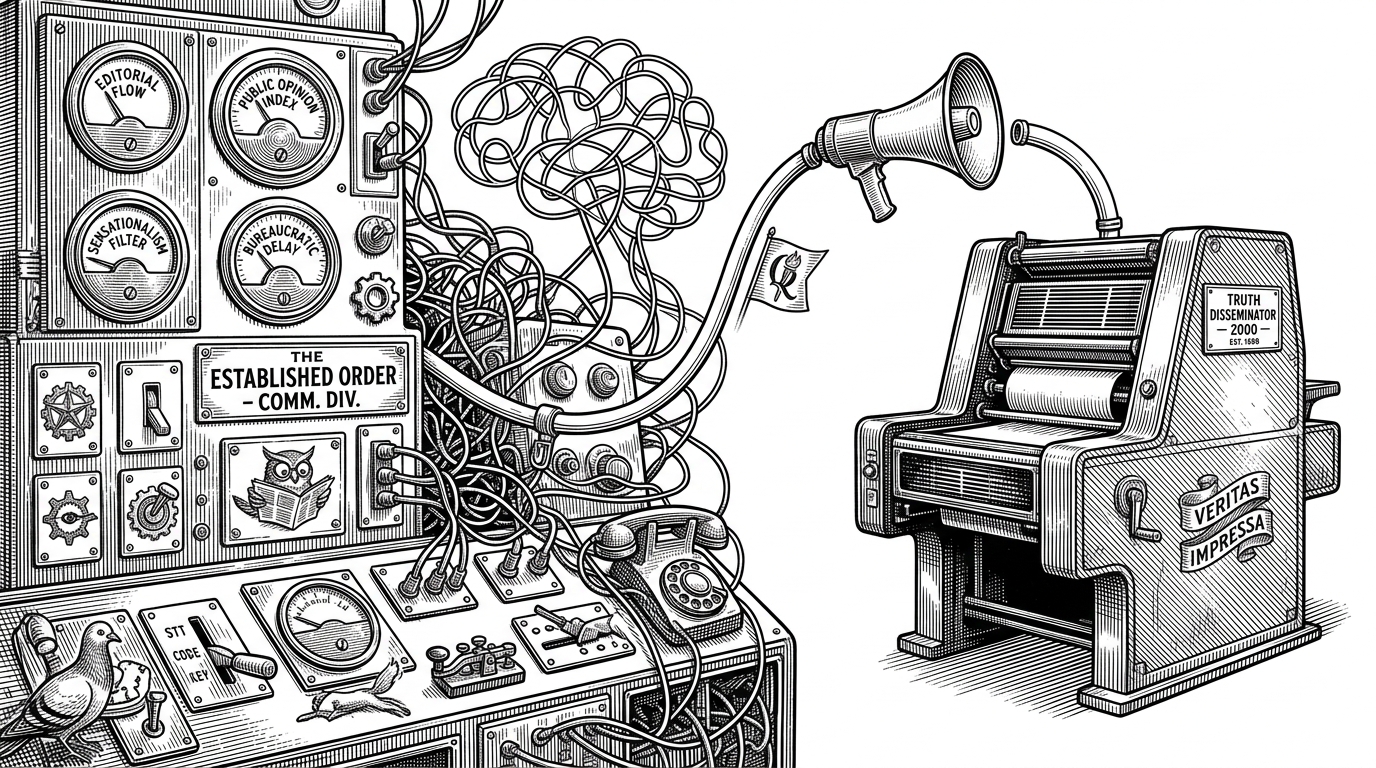 A clean pneumatic tube bypassing a complex, outdated control panel to connect a megaphone directly to a printing press. This illustrates Droppit's Zero-UI concept of skipping the frontend dashboard and executing deployments directly from social voice commands.