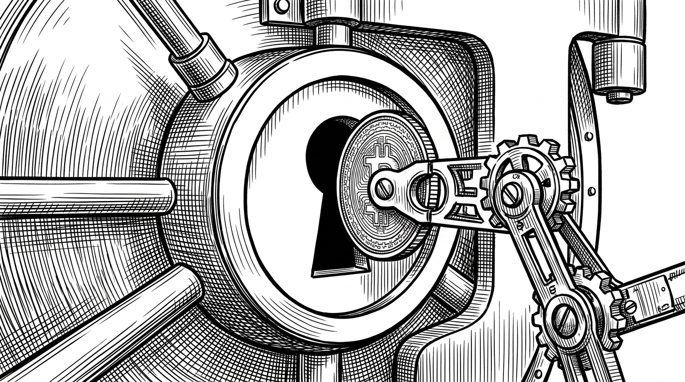An extreme close-up of a bank vault door where the keyhole is shaped exactly like an intricately patterned coin. A mechanical arm slides the coin into place. This illustrates the concept of using a specific ERC-1155 token as a cryptographic key to unlock encrypted utility payloads.