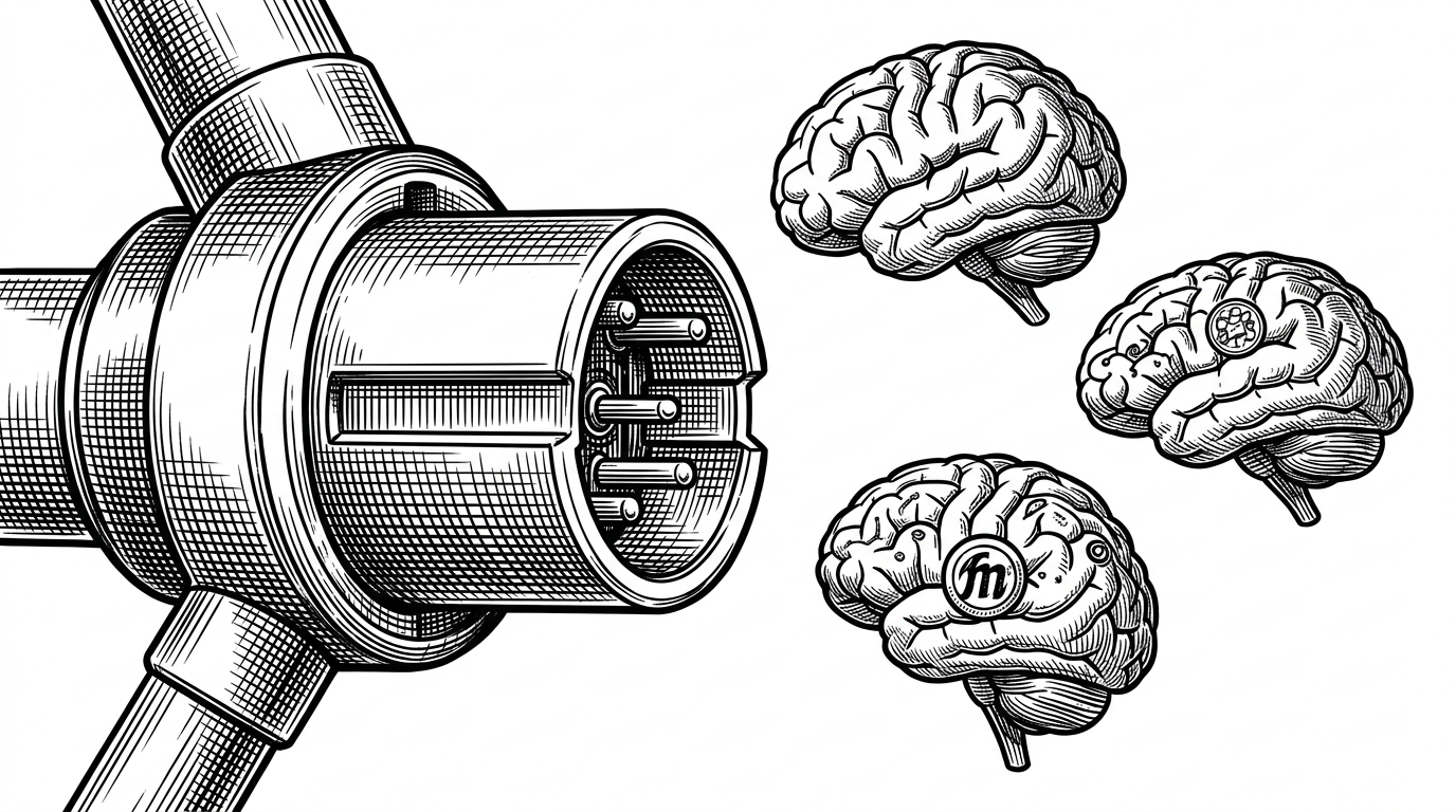 A complex mechanical joint with a universal socket on one side and multiple distinct mechanical brains hovering nearby. This illustrates the model-agnostic Query Engine design.
