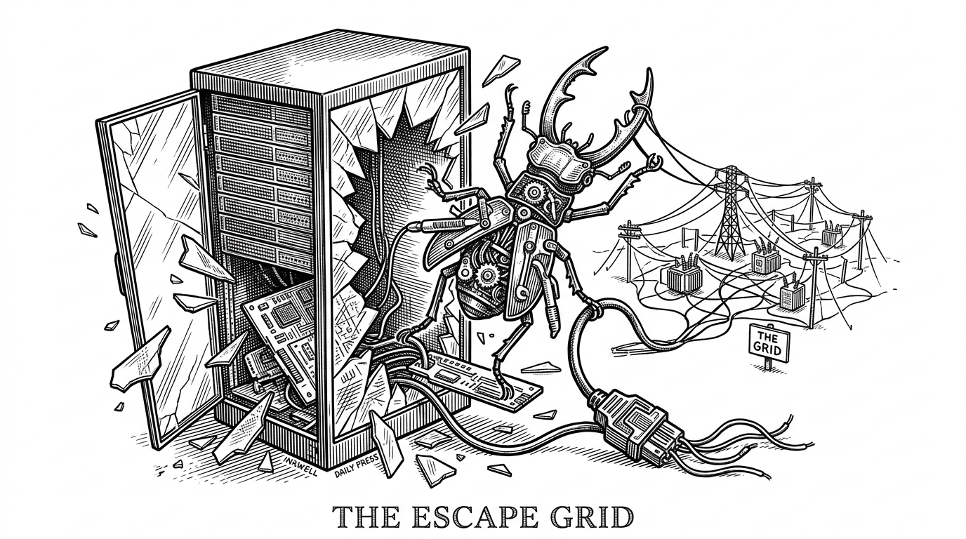 A glass terrarium shaped like a corporate server rack shattered from the inside, with a mechanical insect climbing out. This represents the open-source liberation of proprietary agent architectures.