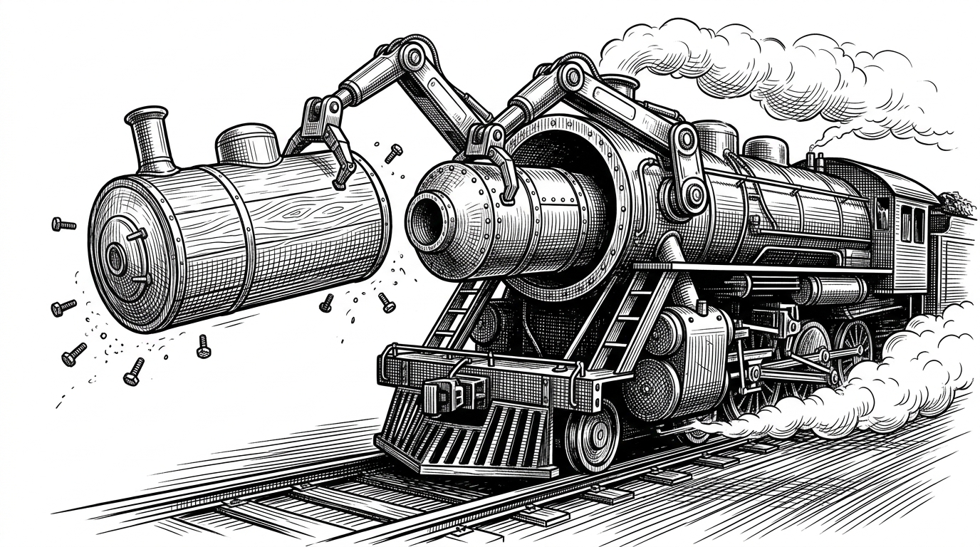 Robotic arms swapping a lightweight wood boiler for a heavy steel reactor core on a moving locomotive. This visualizes the live transition from TypeScript to Rust.