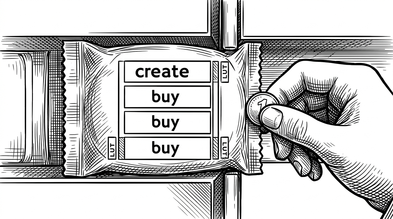 A tight transaction packet is squeezed through a narrow corridor while stacked labels inside it read create, buy, buy, buy. Tiny index markers cling to the edges like lookup table entries, and a coin at the side nudges the packet forward. The image explains why compression and bundle submission belong together.