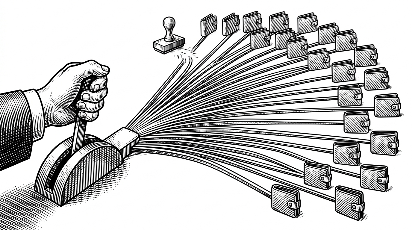 A hand pulls a launch lever that splits into many identical buyer rails, all feeding separate wallets while a token mint stamp fires at the same instant. The scene explains how one operator can stage a launch that appears to have many independent buyers.