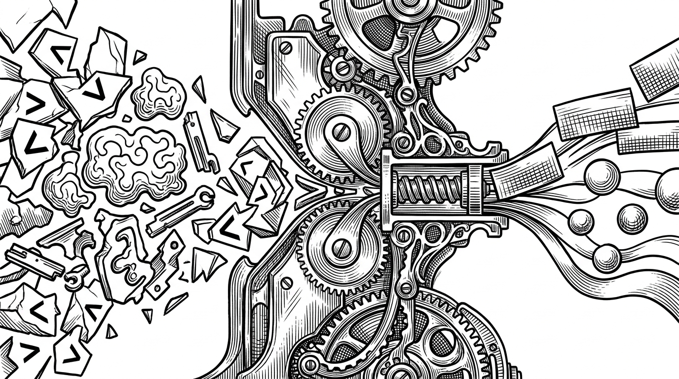 A close-up workbench shows messy provider fragments on the left, conversion plates and gears in the middle, and a clean Codex-style stream on the right. The scene explains that translate.py is an engine for rebuilding agent semantics, not a simple text parser.