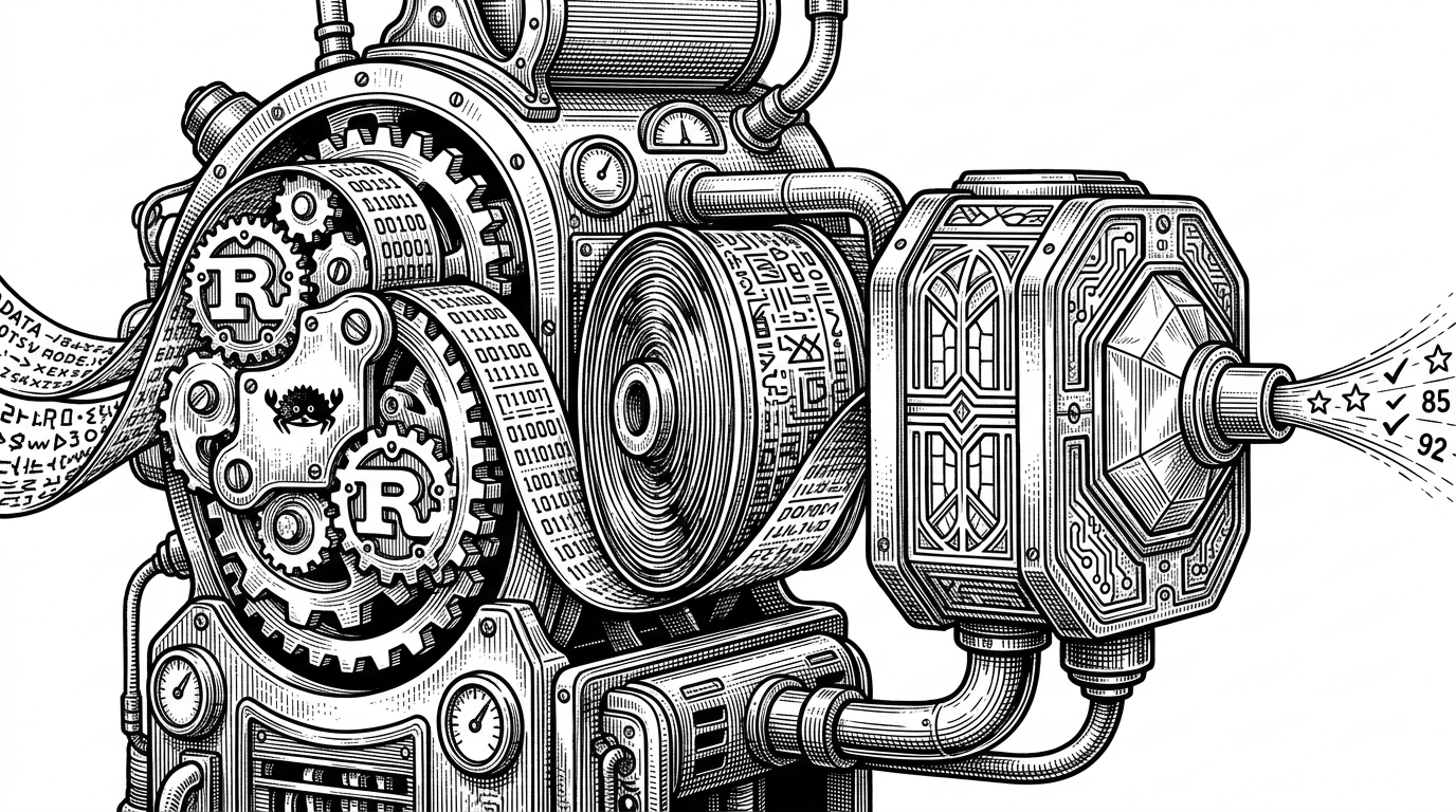 A close-up machine shows three linked modules: a Rust parsing gear on the left, a compressed model spool in the middle, and a WinML inference chamber on the right. A thin ribbon of text moves through the system and becomes a score at the end. The image explains how parsing, model loading, and inference are split across the stack.