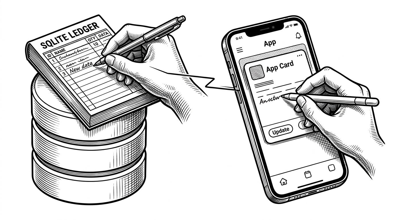 A hand-built mobile interface sits beside a database cylinder, with a thin line connecting a stored record to a live app card on screen. The image explains how the app writes to SQLite first, then mirrors the change into Compose state so the UI recomposes.
