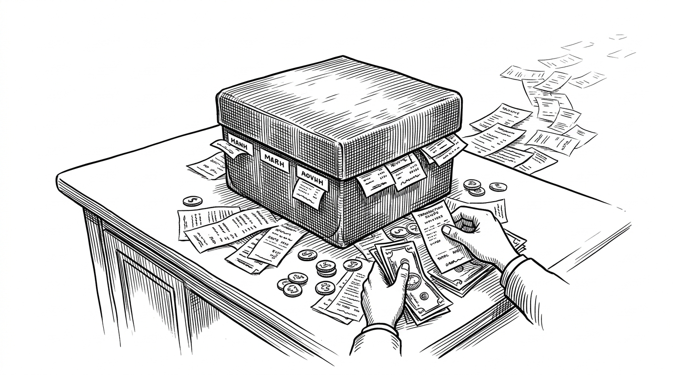 A single ledger box sits on a desk, with receipts, coins, and bills sorted into one monthly container while loose transaction slips remain outside it. The scene explains the app’s central idea: time is the primary organizing unit, not an endless feed of spending.