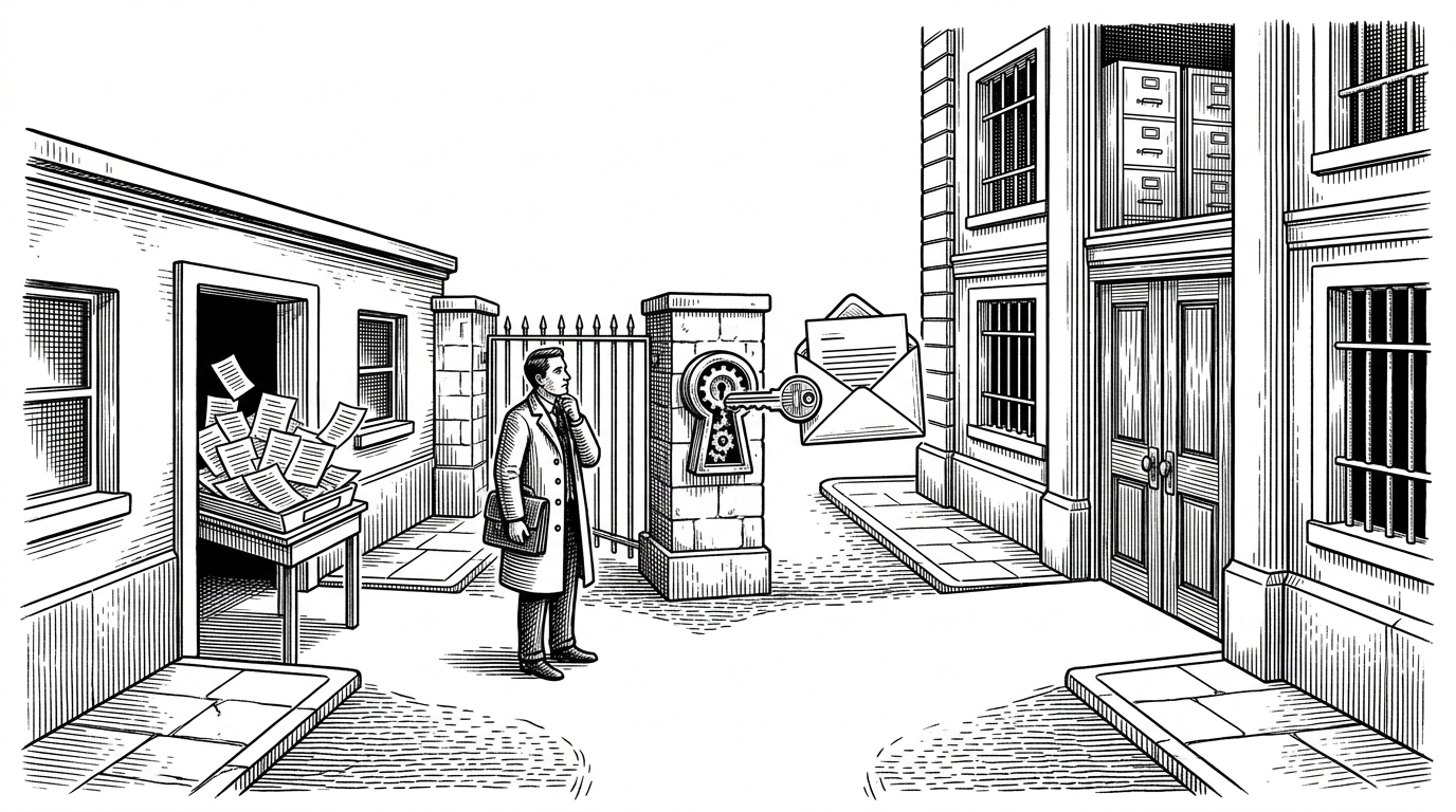 A wide editorial scene of a split entrance gate with a temporary holding tray on one side and a sealed records room on the other. A verification token travels from an envelope toward the lock, showing that proof of email ownership is what unlocks permanent access.