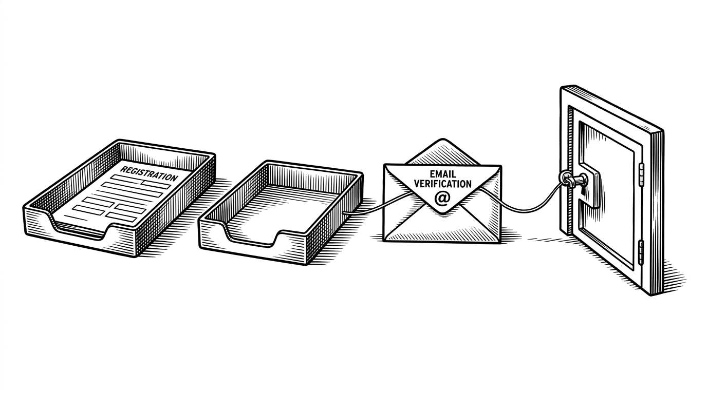 A close editorial scene showing a chain of four small stations: form submission, temporary storage, email verification, and account promotion. The temporary record sits in a tray between the first and second stations, while a single token line connects the email to the final gate.