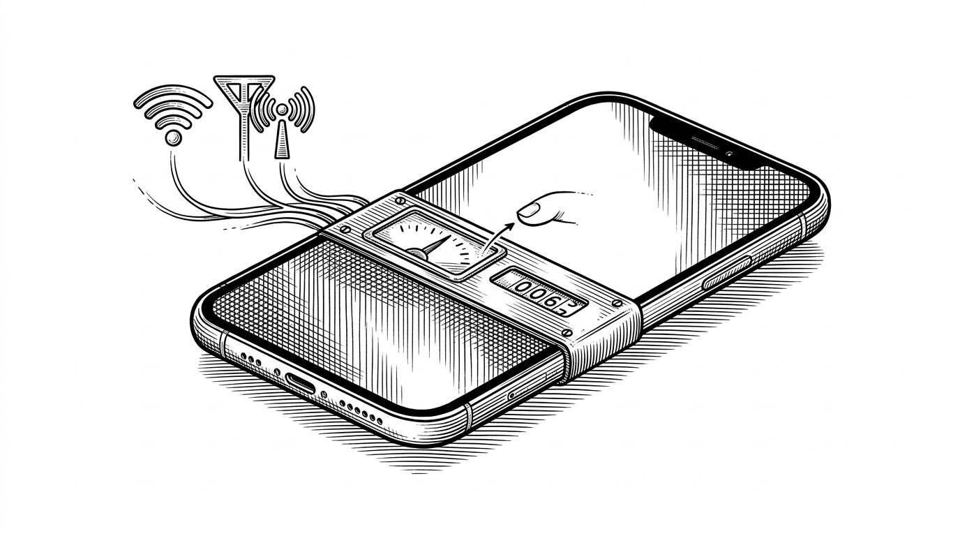 An iPhone is shown as a small command deck, with network streams feeding a live throughput meter above the status bar. The image explains the repo's core idea: a tiny system strip becomes an always-on, interactive control surface rather than a passive indicator.