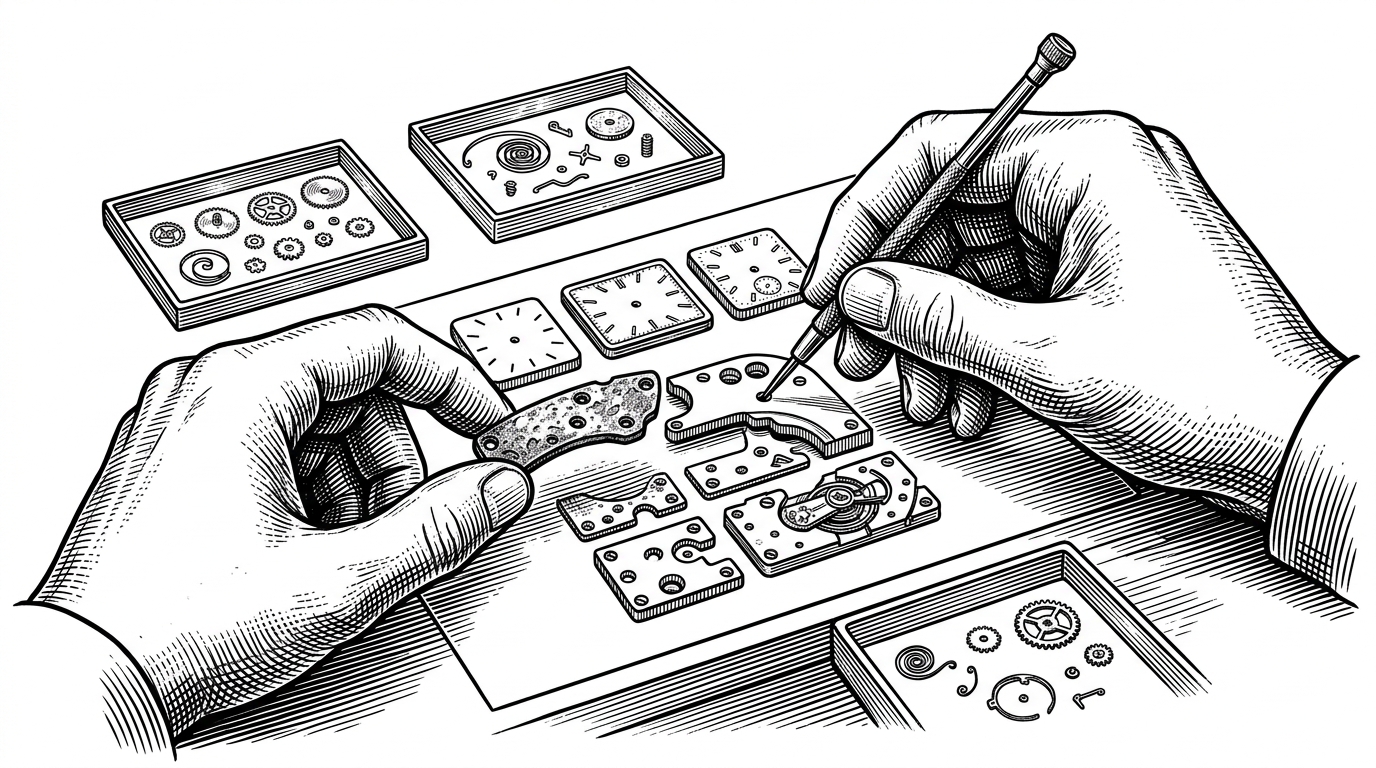 A jeweler's workbench shows a legacy status-bar meter being rebuilt into modular parts, with swappable face plates, a color tray, and a tiny gesture spring mechanism. The image explains how the remaster modernizes an older jailbreak idea without changing its small footprint.