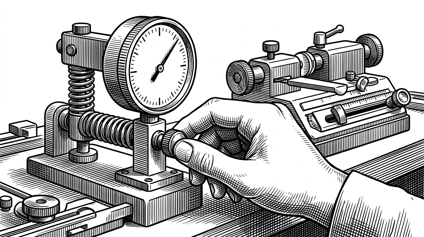 A hand presses a physical side button on a workbench beside a precision gauge and a settings dial. The scene shows calibration as a craft process, where the user’s natural rhythm settles the timing instead of forcing a guessed delay.