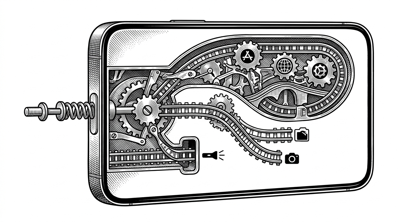 An iPhone side profile sits on a white field with the Action Button rendered as a tiny switchyard. One physical press splits into multiple routes, showing how a single hardware input can become different behaviors without losing the native path.