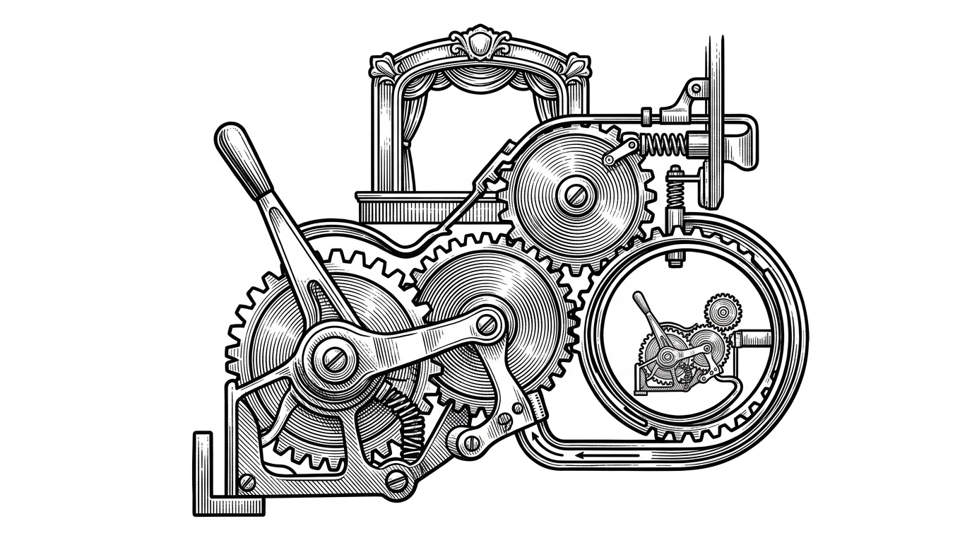 A backstage mechanical scene shows a lever triggering one path directly and another path that loops through a nested copy of the same motion. It explains how the tweak preserves Apple’s default behavior by reenacting the button lifecycle instead of bypassing it.