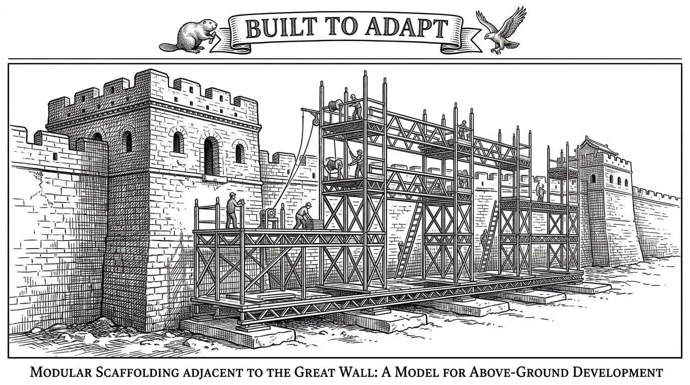 A modular scaffolding system built above ground outside a stone fortress, illustrating the concept of user-space rootless jailbreaks.