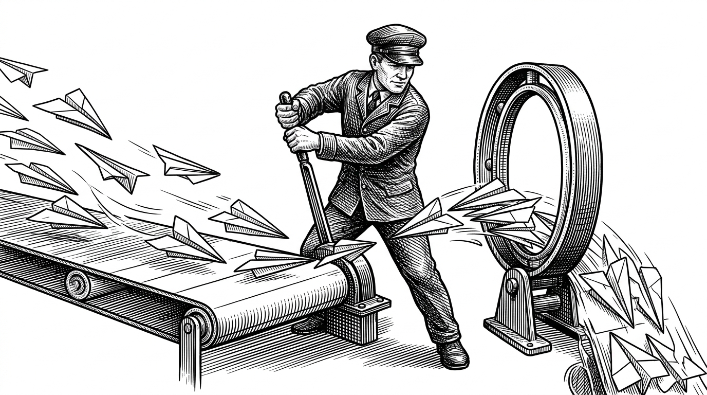 A vintage train switch operator pulling a lever to divert paper airplanes into a tight hoop, representing notification rerouting.