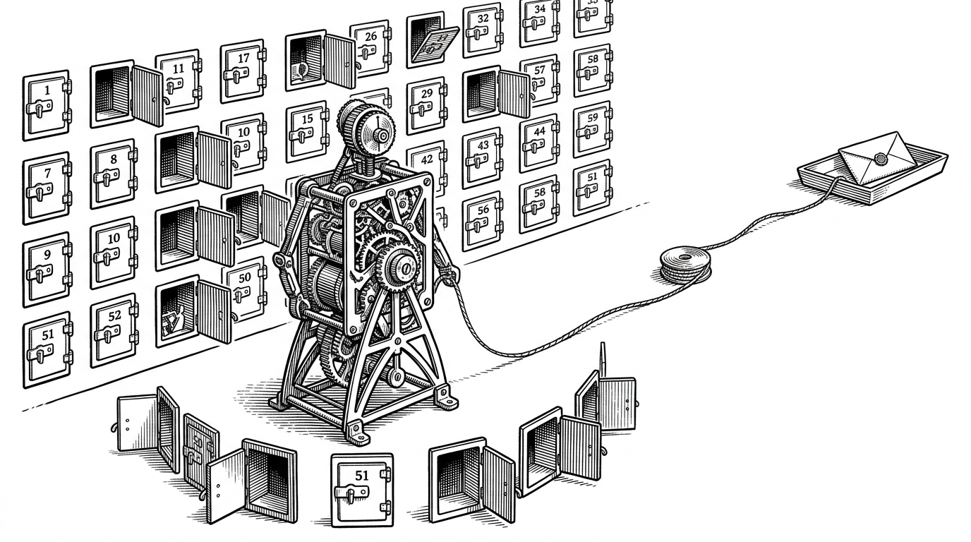 A clockwork sentinel stands inside a clean white frame while many small latches open in sequence around it. A sealed envelope waits far away, showing that the machine is not judging immediately but collecting evidence first and deferring the final decision.