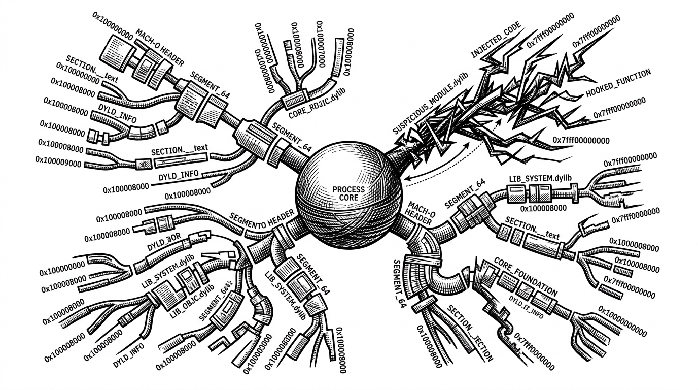 A central process node is surrounded by branching library shards and address markers, with one branch drawn darker than the rest. The scene explains that the framework is mapping loaded images and memory layout to detect injected tooling or unexpected modules.