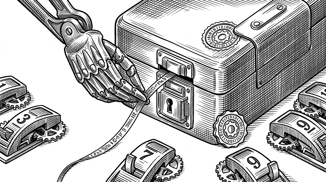 A close-up of a hand tool drawing a hidden filament from a locked box while a wax-like seal sits beside it. Several numbered switches are half-open in the background, showing that the binary unwraps secrets through a staged chain instead of a single obvious step.