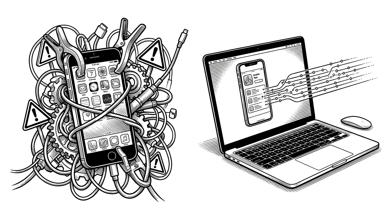 The scene contrasts a cramped jailbroken phone with cables and stress on one side, and a Mac with a calm running app on the other. It explains how the battlefield moved from a compromised handset to a desktop environment where the app still runs under Apple’s own tooling.