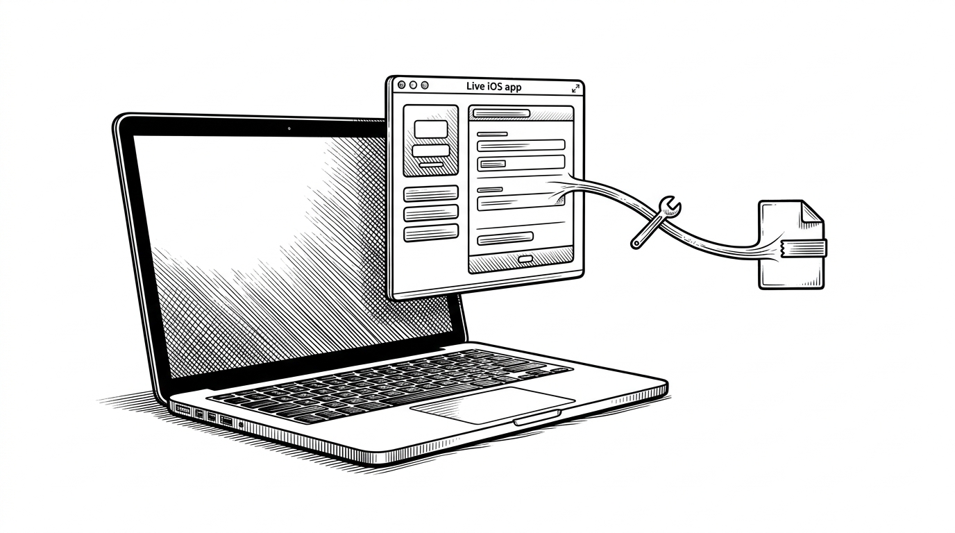 A MacBook-like laptop sits under a stark white field while a live app window and a sealed file icon are connected by a thin siphon of black ink. The image explains that the tool does not crack FairPlay on disk, it captures the decrypted state while the app is running.