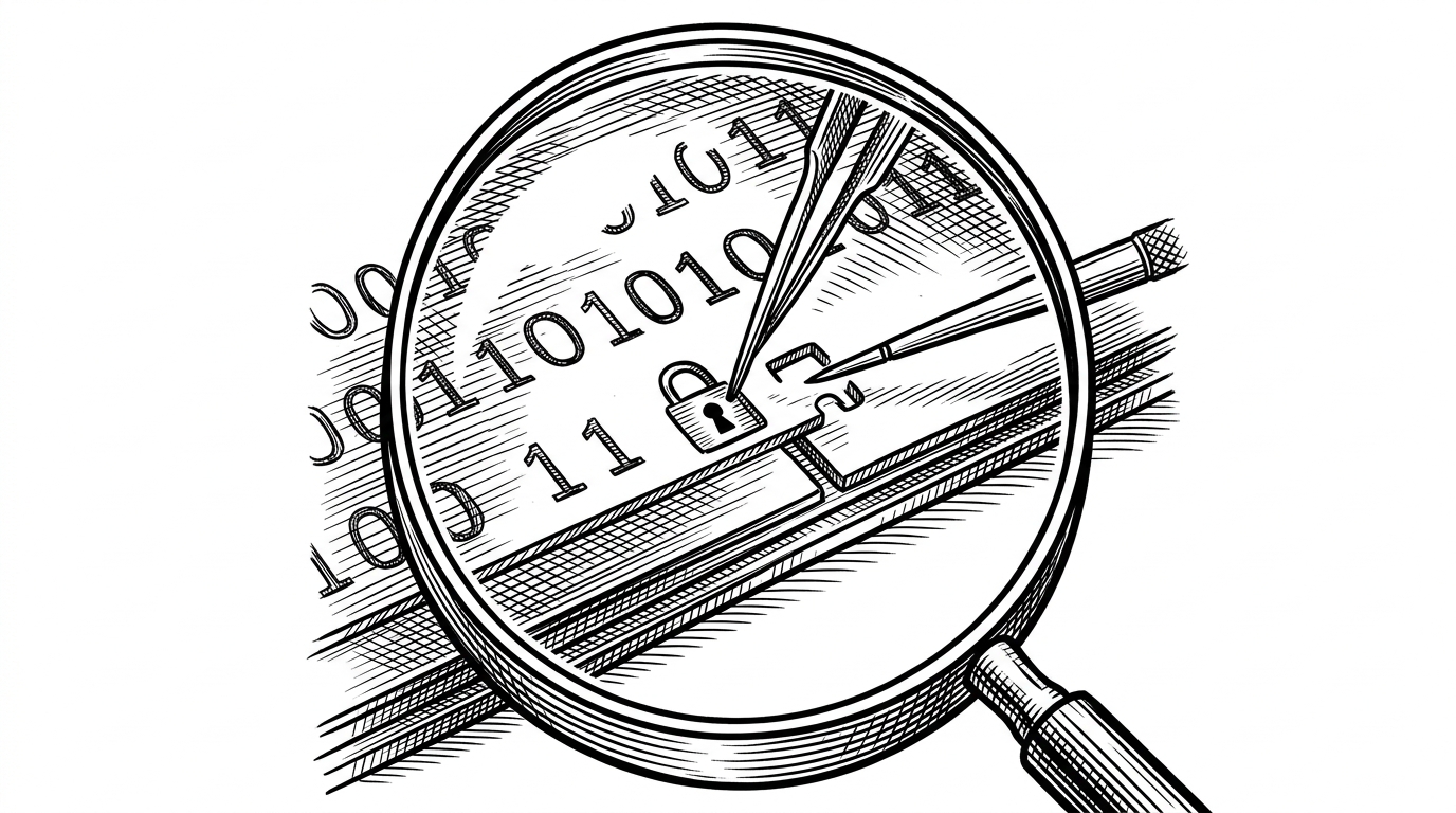 A magnified binary slab sits under a loupe while a lock notch is being replaced by an open notch. It explains that the crucial transformation happens at the Mach-O header, where encryption metadata is rewritten so the dumped code can be used again.
