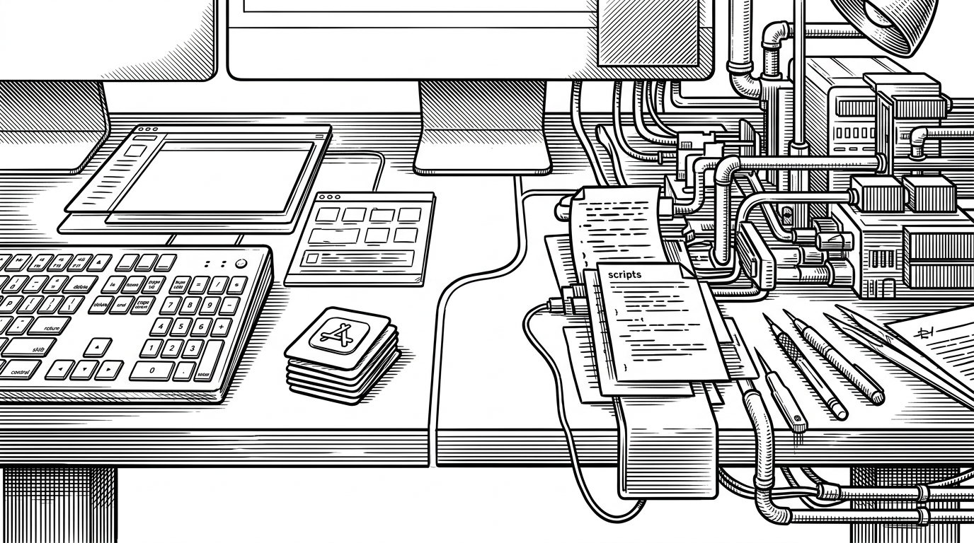 A workbench is split into two distinct halves, one orderly and Mac-like, the other filled with scripts, pipes, and binary fragments. The image explains the division of labor between a native SwiftUI wrapper and Python-based binary tooling.