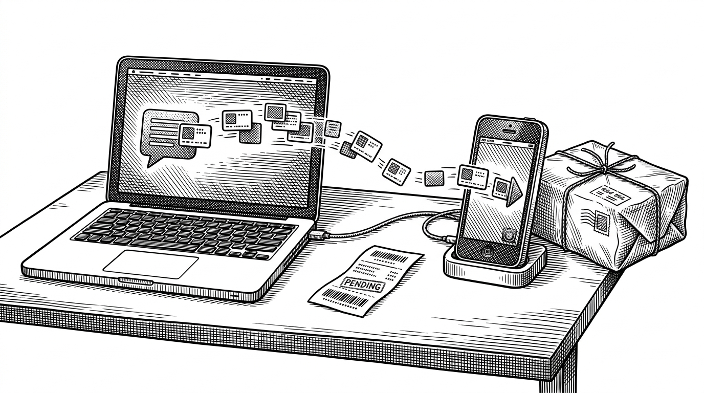 A wide desk scene shows a laptop on one side and a docked jailbroken iPhone on the other, with abstract chat tokens moving through the laptop and into the phone. A finished IPA package appears on the far side, showing that the repo turns chat commands into a hardware-bound decryption workflow.