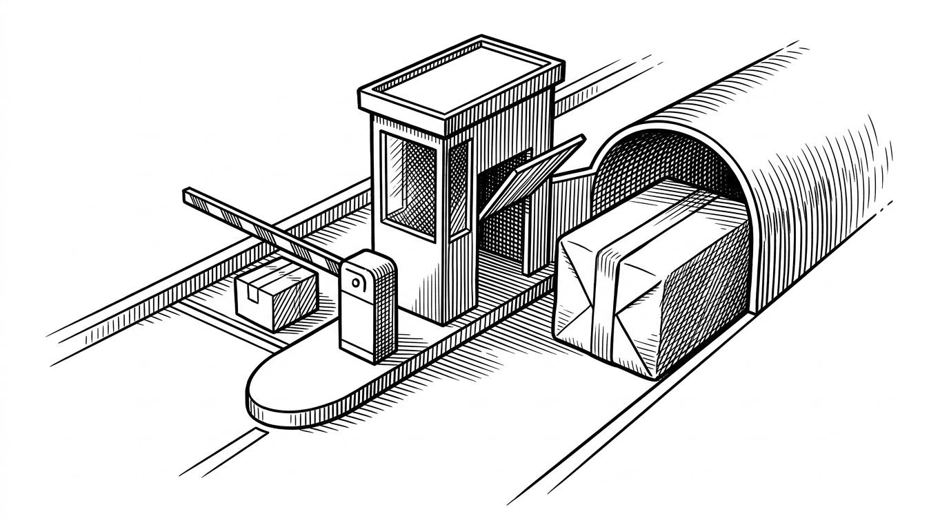 A narrow gate blocks a small parcel truck while a side tunnel opens into a wider freight route carrying a larger wrapped package. The image explains why the repo routes finished files through a user-session path when the bot channel is too small.