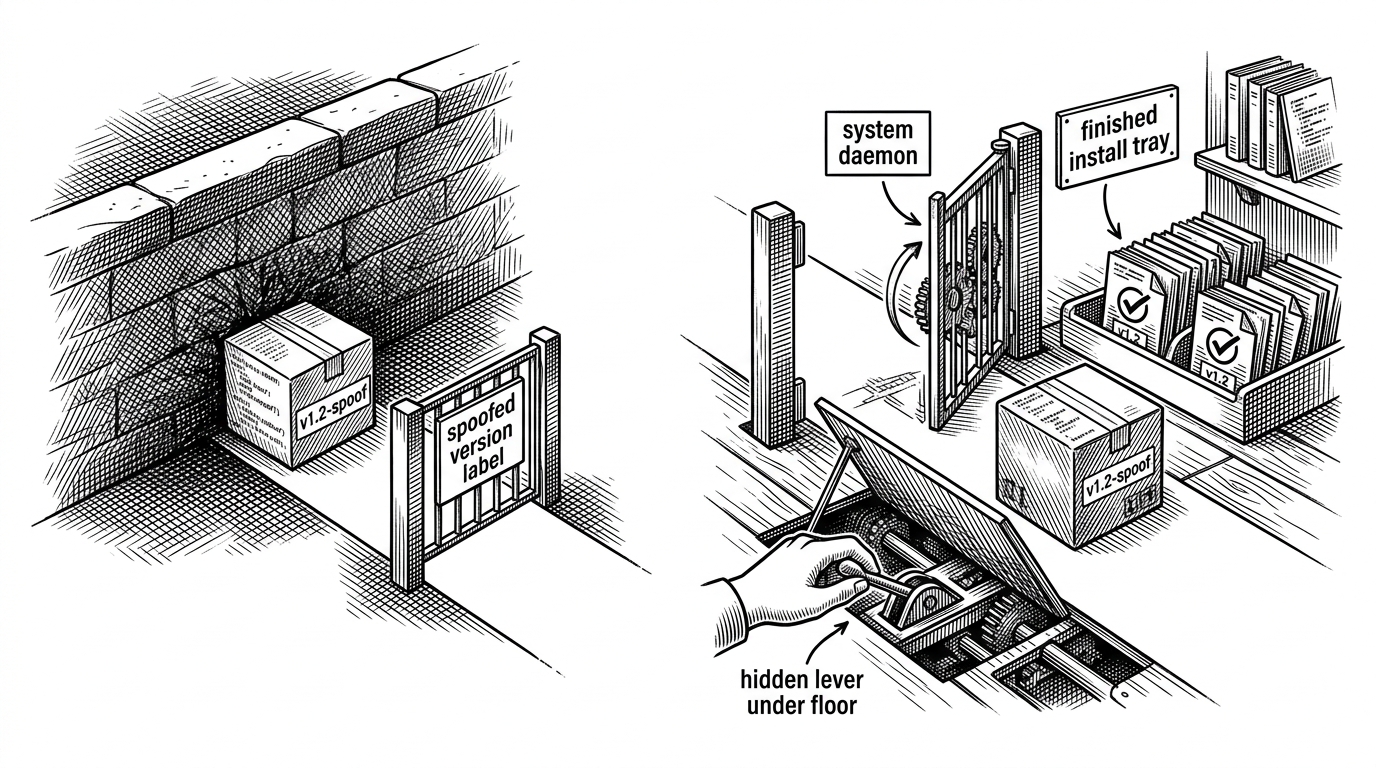 A split scene shows a version spoofing shortcut on the left ending at a dead end, while the right side adds a daemon hook and reaches a successful installation. It explains why one layer of deception is not enough.