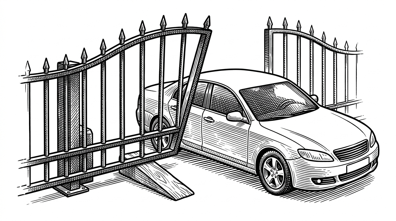 A heavy iron tollbooth gate propped open by a simple wooden wedge, allowing an unmarked vehicle to pass through smoothly. This metaphorically explains the AMFI boot argument bypassing kernel security.