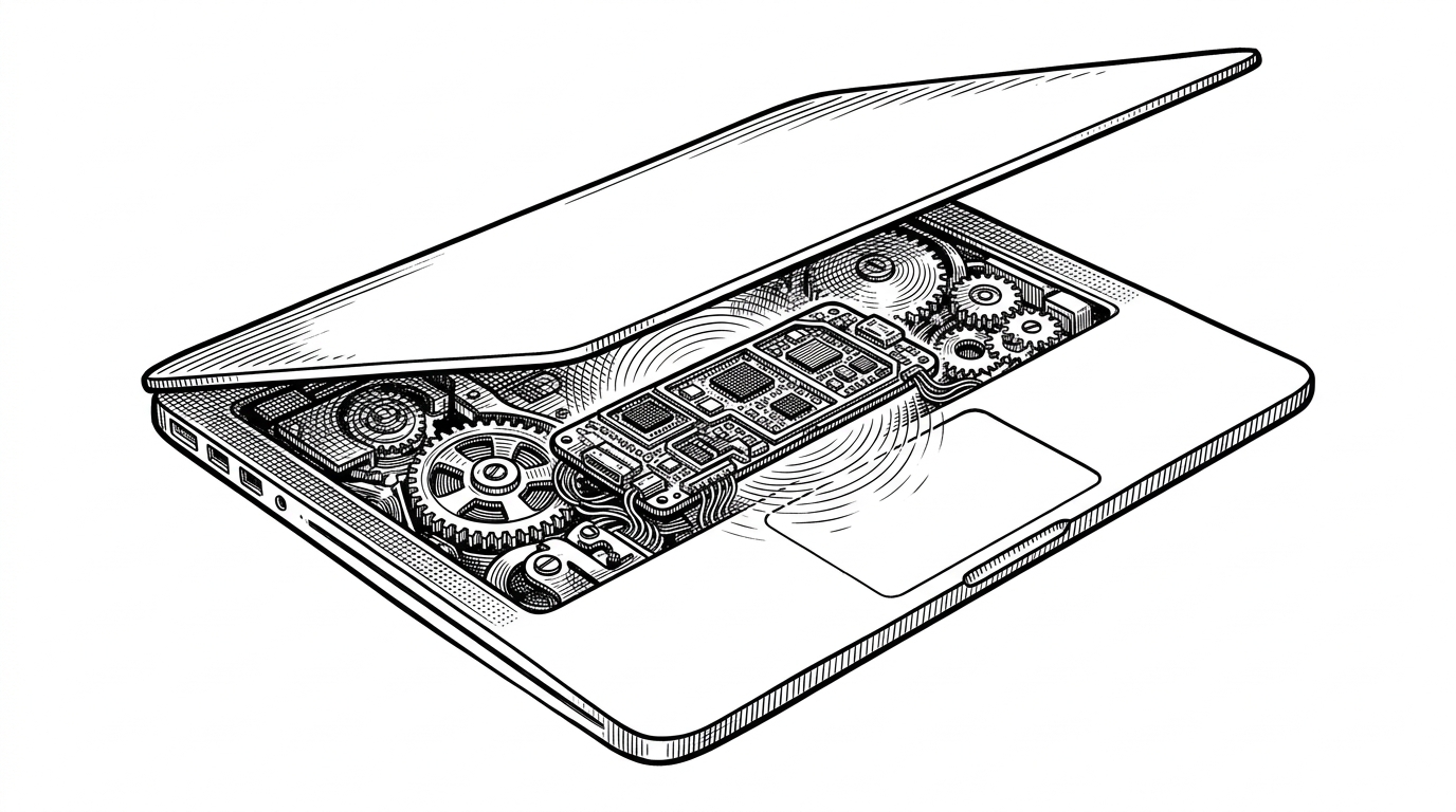A laptop sliced open to reveal a smartphone logic board seamlessly integrated with the laptop's internal gears. This illustrates the architectural parity between Apple Silicon Macs and iPhones.