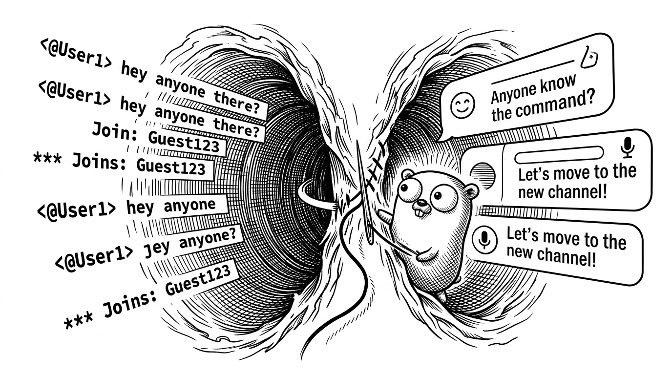 A literal wormhole in space, with stylized IRC terminal text floating on one side and colorful Discord-style chat bubbles emerging on the other. A Go Gopher stitches the rift together with a needle and thread, representing Matterbridge's protocol reconciliation.