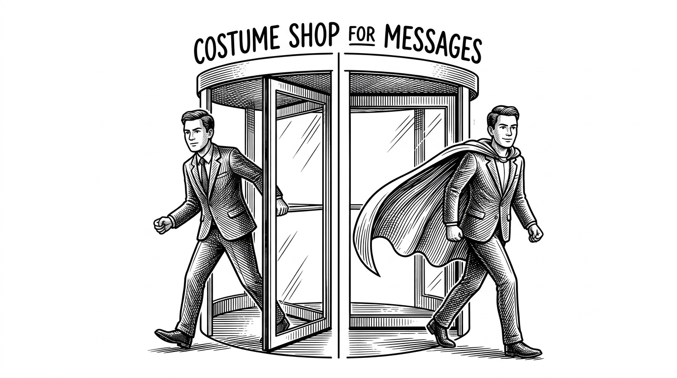 A costume shop for messages where a single user walks through a revolving door. On the left side, they wear a business suit for Slack; on the right side, they emerge in a superhero cape for Telegram, but their face remains identical.