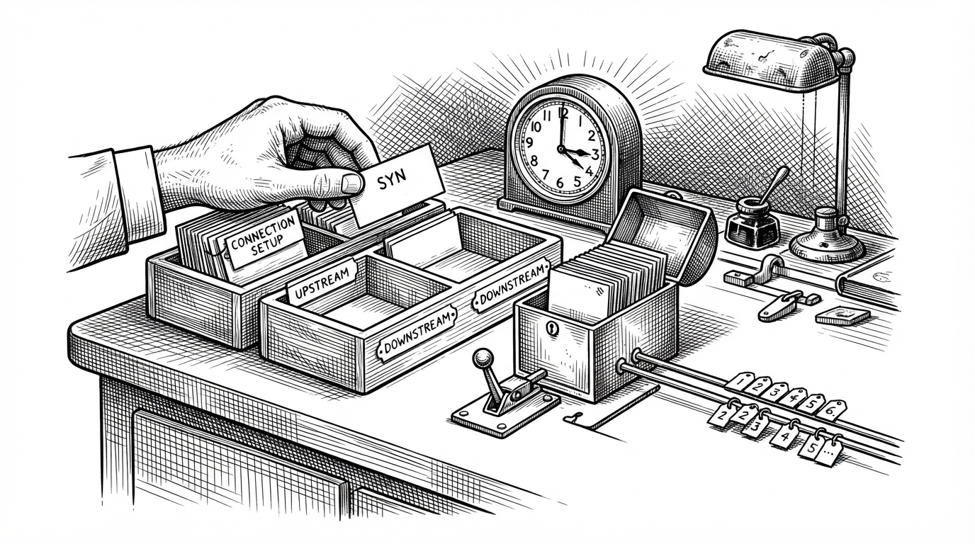 A close-up dispatcher's desk shows labeled packet cards being sorted into connection setup, upstream, and downstream trays. A clock and a buffer tray suggest delay and reassembly, explaining why the tunnel depends on sequence numbers and deliberate buffering rather than instant delivery.