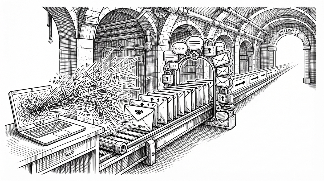 A wide editorial scene shows SOCKS5 traffic entering a local machine on the left, then breaking into sealed file packets that move through a messenger-like corridor before reappearing as a trusted network path on the right. It explains the core idea that Bale Tunnel does not send traffic directly, but disguises it as ordinary app payloads.