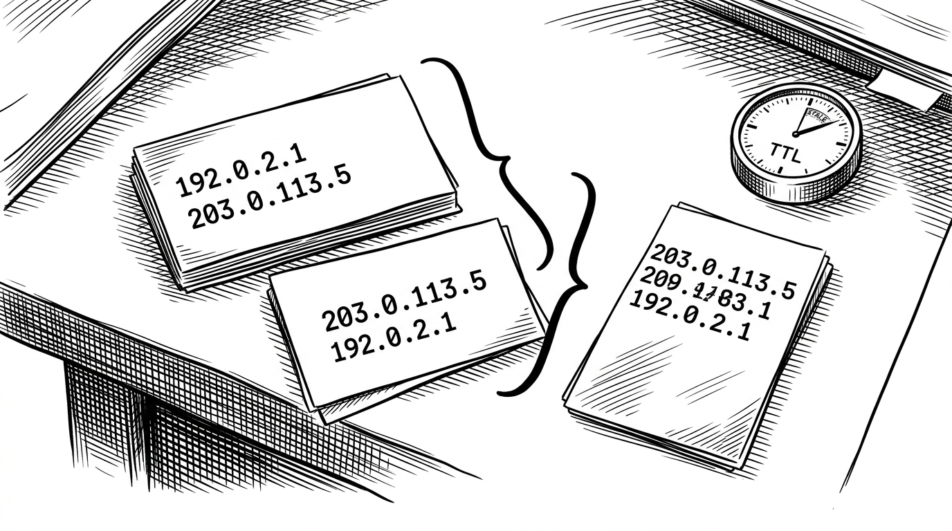 Three resolver outputs are shown close up, and two differently ordered IP lists are collapsed into the same answer group. A TTL clock and stale label sit beside them, showing that dnsglobe separates equivalent data from genuinely different data. The image explains why raw IP comparison would produce false failures.