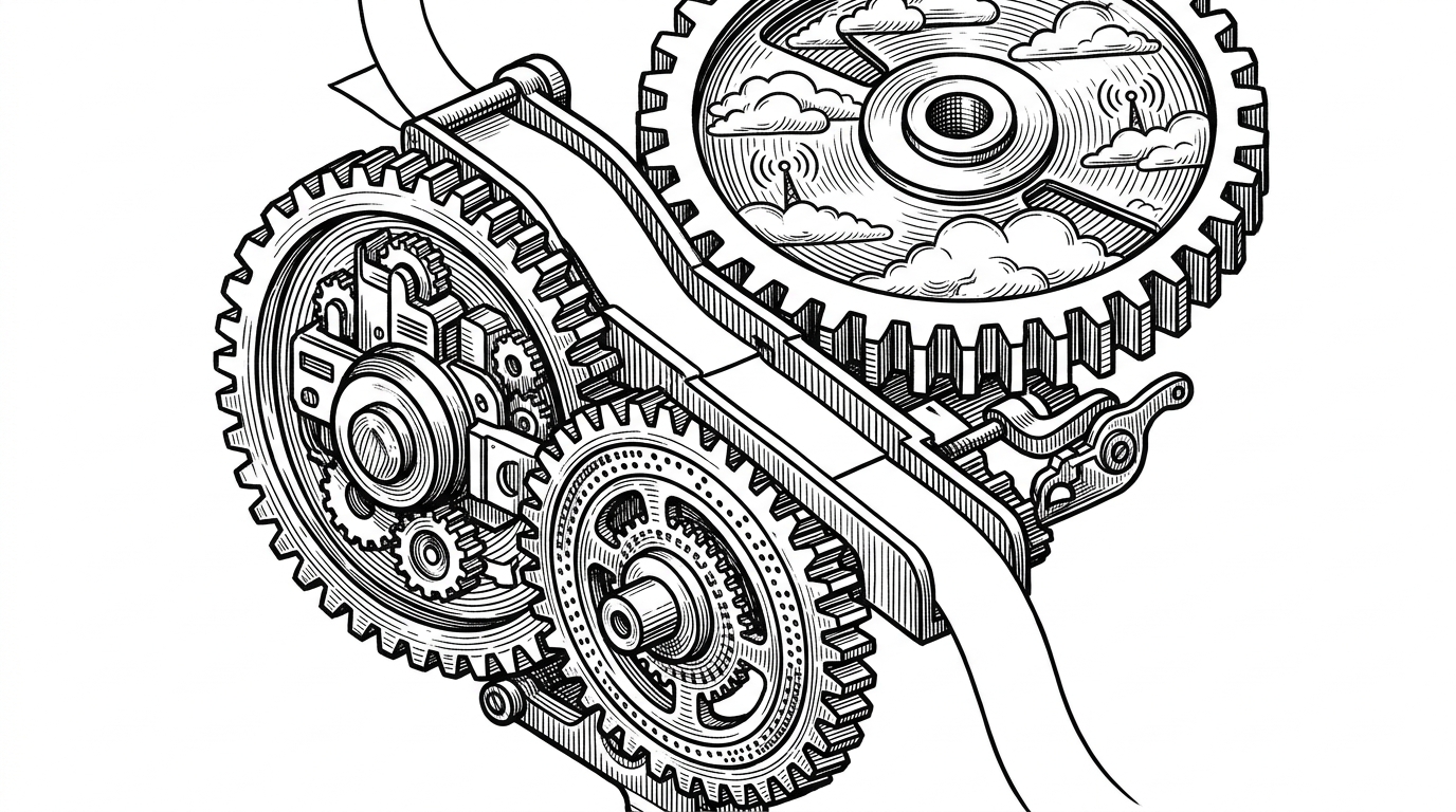 Three interlocking gears feed a single strip of paper that exits as one unified shell command. One gear represents a local binary, one a cloud API, and one a stream parser, showing how multiple backends can produce the same terminal output.