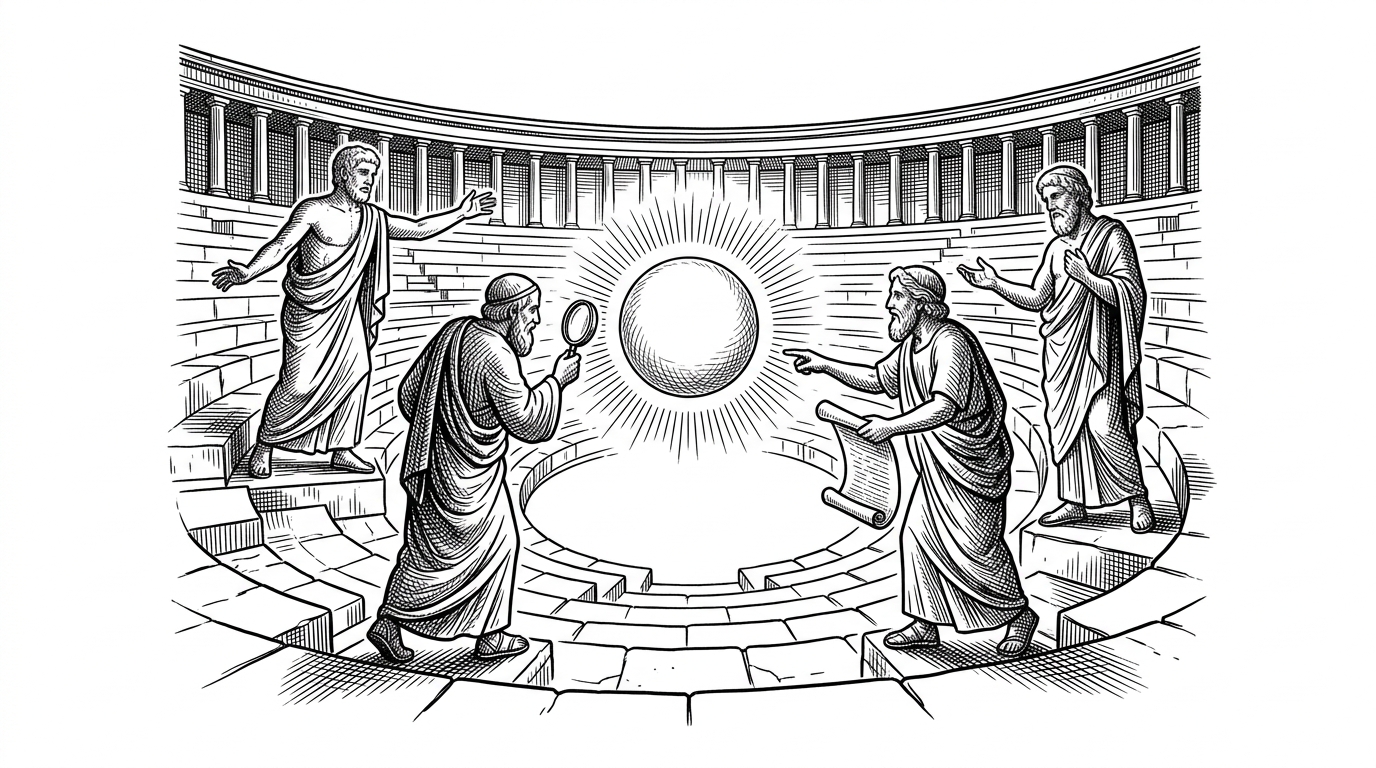 A classic Greek-style amphitheater where five distinct stone statues representing different AI engines gesture toward a central orb of truth. It illustrates the concept of agents debating to find consensus.