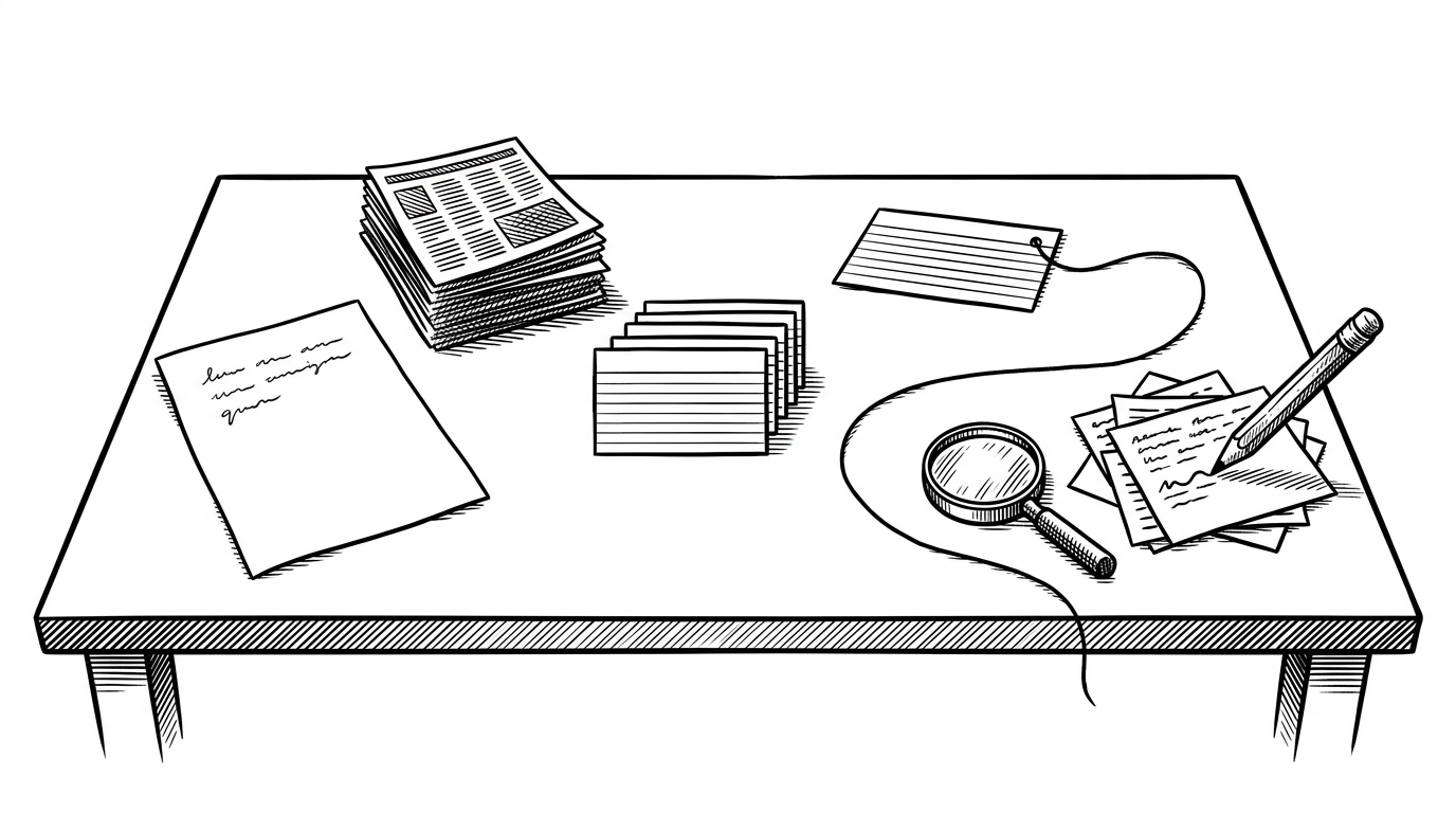 A wide editorial scene shows a research desk with an initial query on one sheet, a stack of report cards in the center, and a thread looping one paragraph card back toward a magnifying glass and search notes. It explains that <span class=