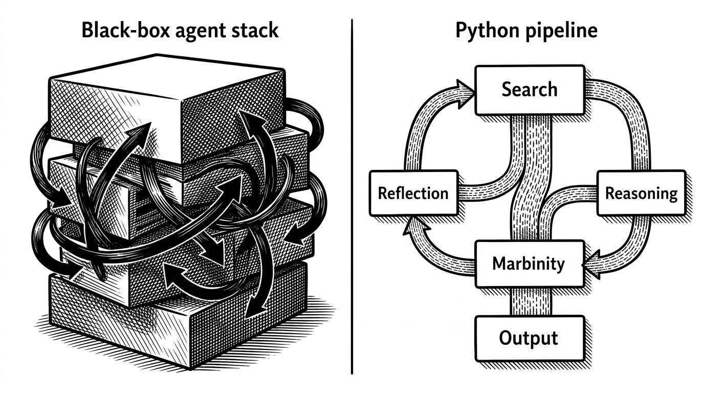 A split editorial scene contrasts an opaque tangle of stacked blocks and arrows on the left with a clean, labeled pipeline on the right. The image explains why the repo's clarity matters: the flow is easy to trace, debug, and reason about.