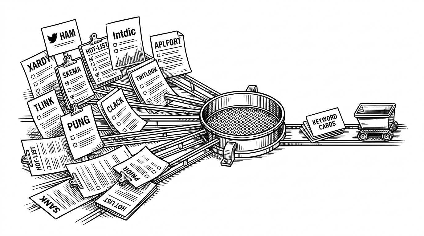 A wide field of hot-list placards feeds into a central mechanical sieve, which outputs a neat stack of keyword cards and a waiting crawler cart. It explains how MindSpider converts trend noise into a search plan before it starts scraping.