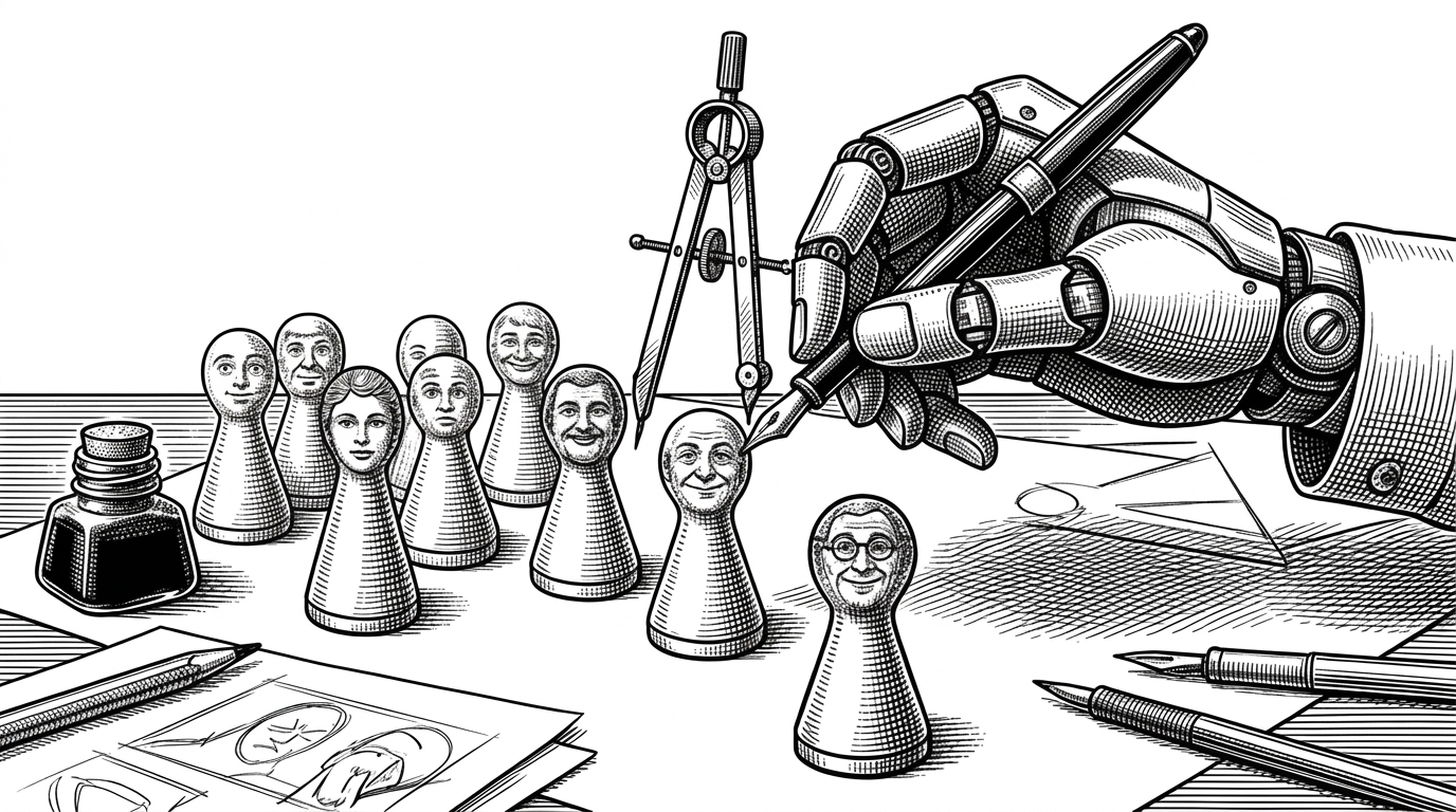 A close-up of a drafting table where a mechanical hand uses a compass and fountain pen to draw detailed human faces onto blank wooden game pawns.