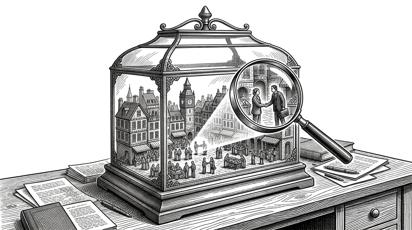 A large antique glass terrarium resting on a wooden desk. Inside the terrarium is a miniature, bustling city square with tiny figures interacting. A large magnifying glass hovers outside the glass, focusing light onto one specific interaction representing predictive emergence.