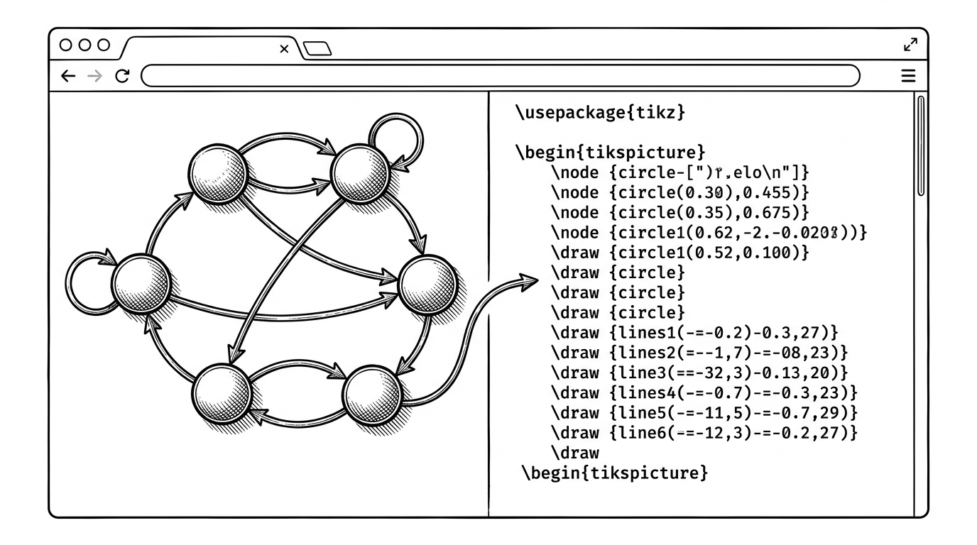 A browser window shows a finite state machine being drawn on a canvas, while a clean TikZ code pane sits beside it. The arrow between them makes the app feel less like a sketchpad and more like a compiler for diagrams.
