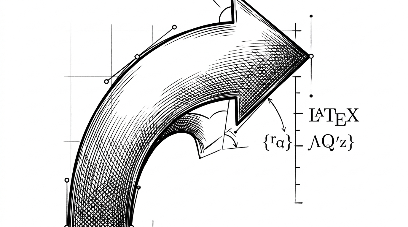 A close view of one curved transition arrow surrounded by coordinates, angle marks, and tiny control points. The scene explains that the exporter is measuring geometry, not flattening the drawing into a bitmap.