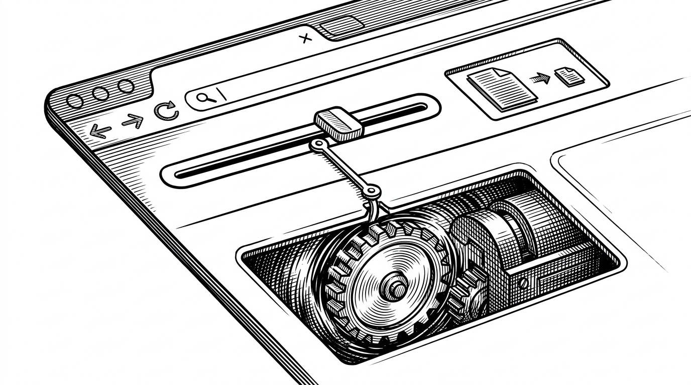 A close-up control panel shows a slider linked by a thin mechanical rod to a spinning worker gear below a glass floor. The surface UI stays calm while the lower chamber does the strenuous work, showing how compression can run off the main thread without freezing the interface. The image explains why Web Workers matter in the compression flow.