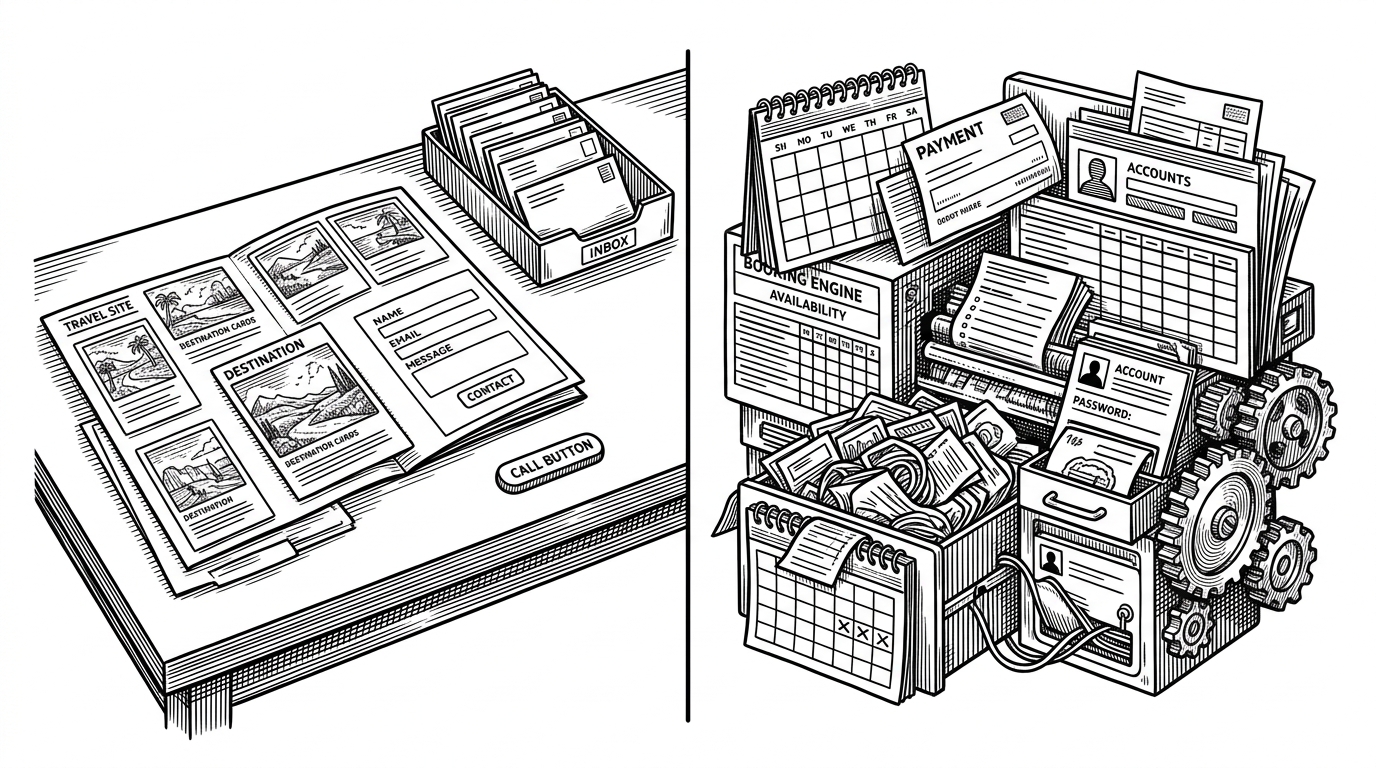 A split tabletop scene compares a simple brochure flow with a heavy booking machine. On one side, destination cards and a contact form pour into a single inbox tray. On the other side, calendars, payment slips, account records, and availability grids collide inside a dense mechanism. The image explains the difference between lead capture and transactional infrastructure.